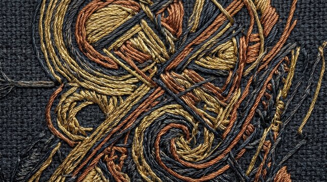 Intricate gold and copper thread embroidery featuring metallic swirling patterns on a textured black linen surface