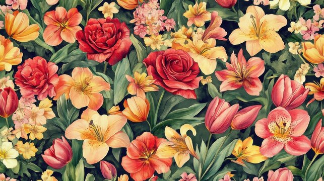 Vintage Botanical Floral Pattern with Red and Yellow Garden Flowers