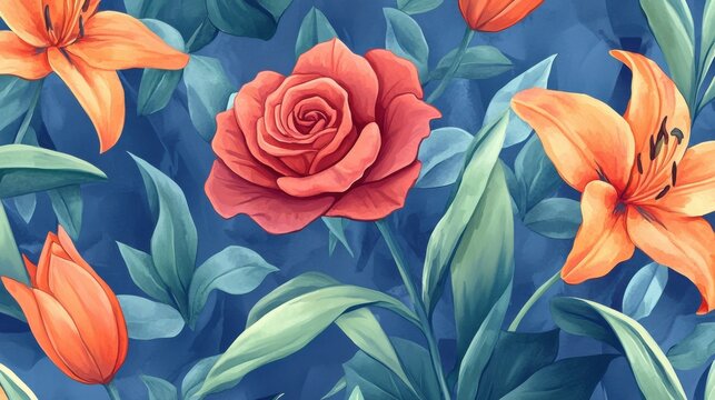Seamless Floral Pattern with Orange Lilies and Red Rose on Blue Background