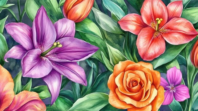 Beautiful Watercolor Floral Pattern with Vibrant Lily and Rose Flowers