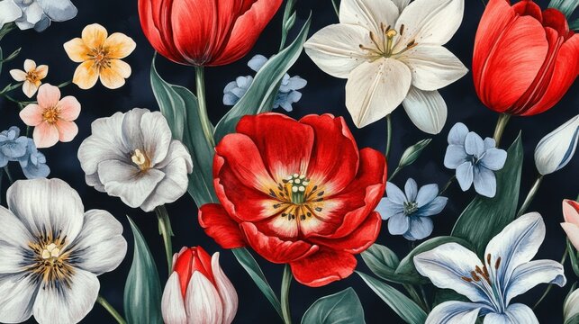 Vintage Floral Botanical Pattern with Red Tulips and White Lilies