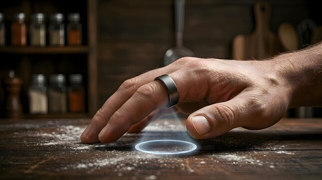 A close up of a hand wearing a sleek ring  hovering over a wooden surface with flour  implying interaction with a digital interface in a kitchen environment