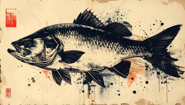 日本の伝統的な魚拓。鯛（タイ）の墨絵、和紙の質感と赤い落款（はんこ）。