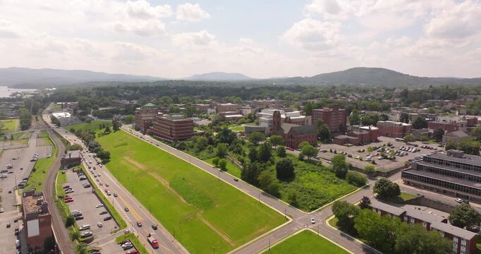 Newburgh riverfront with houses, college and bridge in New York