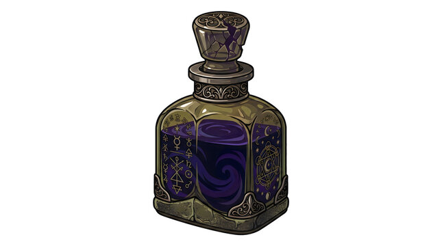 Square potion bottle holds swirling purple liquid decorated with gold alchemical sigils and cracked gemstone stopper for magic crafting or fantasy game inventory.