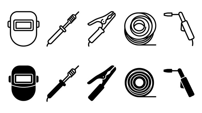 Welding equipment and metalworking icons set with welding mask soldering torch clamp and wire