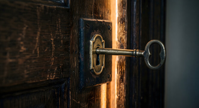 Horizontal close-up of a vintage brass skeleton key in the lock of a dark textured wooden door slightly open with bright warm glowing light shining through, concept of new opportunities and discovery