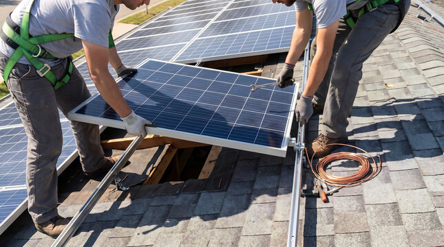 Two installers lower a solar panel edge into a rooftop mounting bracket