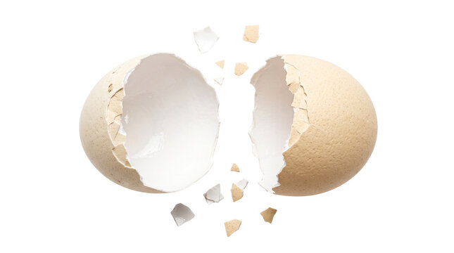 Broken eggshell with flying fragments, cracked brown egg halves, conceptual image of birth and new beginnings isolated PNG with Transparent Background
