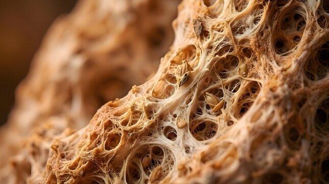 A detailed ro shot of a baked bread s crust  revealing its porous structure  golden hue  and scattered seeds within the fibrous network