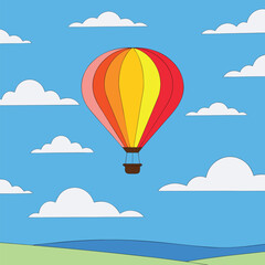 Fototapeta premium Colorful hot air balloon flying in a blue sky with white clouds vector illustration.