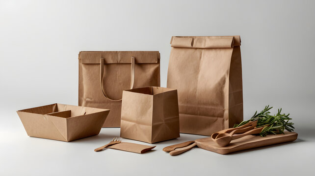 Minimalist craft paper shipping boxes and grocery bags