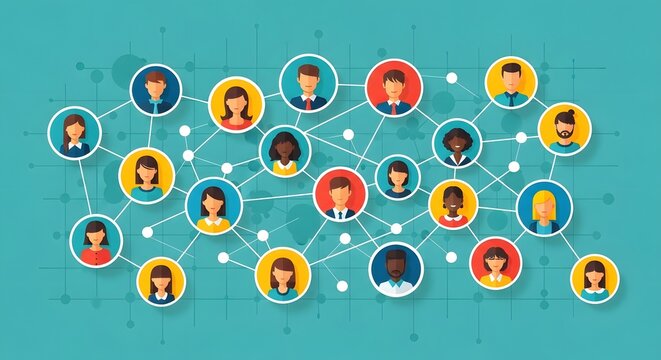Diverse group of people connected in a network representing collaboration community and global connections on a teal background