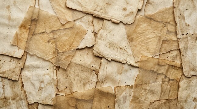 Overlapping pieces of weathered tan parchment with visible stains and torn edges create a rustic texture background