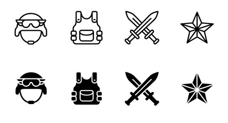 Naklejka premium Military defense tactical helmet bulletproof vest body armor crossed swords and star emblem icons