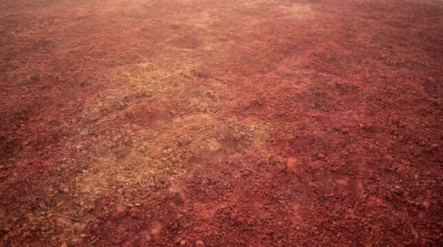 Red desert sand and dry earth with rough texture glows under warm evening sunlight on a barren planet surface