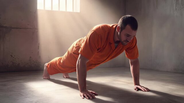 Prisoner performing pushups in sunlit jail cell. Physical exercise and fitness routine during incarceration. Panning and tilting camera movement.
