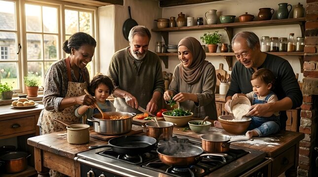In a warm  rustic kitchen  a multi gene nal family collaborates on meal prep  using wooden tools  pots  and fresh vegetables on a large table