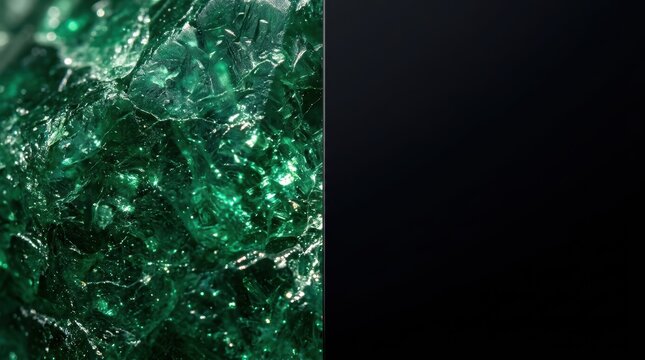 Rough emerald green gemstone texture with sparkling highlights adjacent to solid black empty background