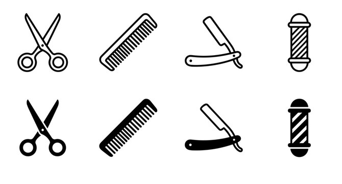 Barbershop grooming tools hair salon equipment linear glyph icon set with scissors comb razor and pole