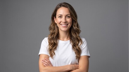 Fototapeta premium Mrs excellence close up photo of adorable woman posing in white t shirts and smiling while looking in camera
