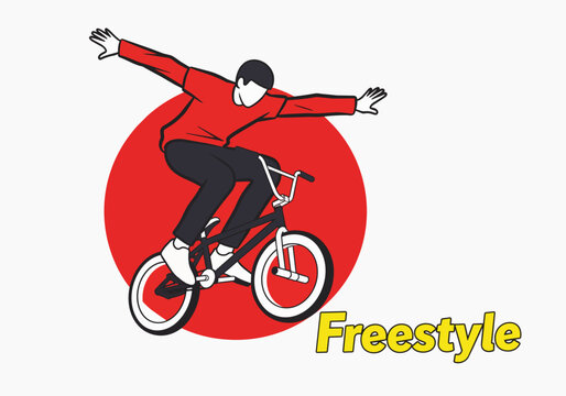 Dynamic BMX rider in mid-air stunt with red circle and 'Freestyle' text, perfect for sports advertising, extreme sports content and dynamic graphic design.