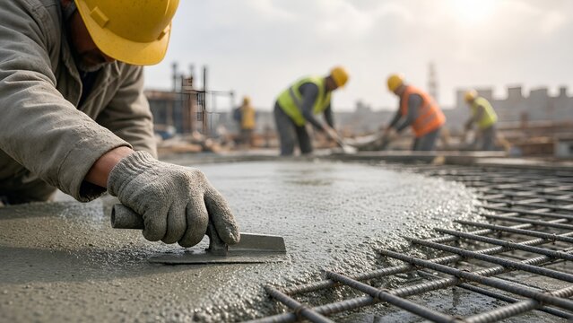 Construction Workers Smoothing Fresh Concrete on a Building Site with Steel Reinforcement