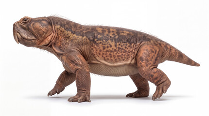 Obraz premium Photorealistic Teyumbaita sulcognathus walking in lateral view, isolated on white background, showing natural locomotion and scientifically accurate paleontological reconstruction.
