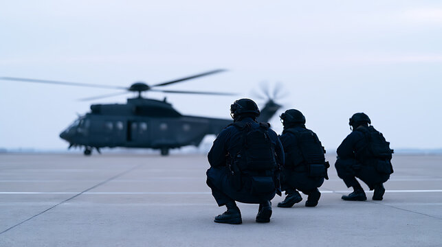 Tactical team in black uniforms and helmets crouch on a runway during deployment while a military transport helicopter waits in the back