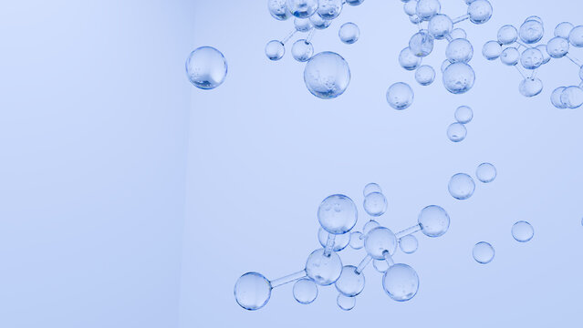 Bubble water molecule blue abstract liquid, transparent sphere cluster floating on pale background with clean science concept