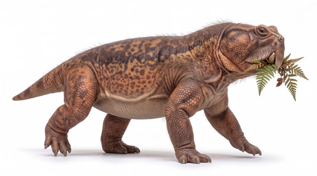 Photorealistic Teyumbaita sulcognathus walking with vegetation in its mouth, isolated on white background, showing natural feeding behavior and scientifically accurate reconstruction.