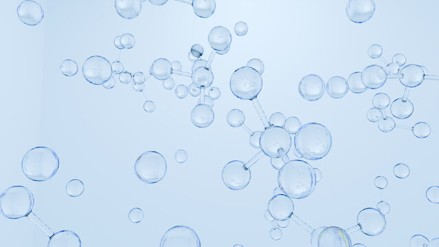 Bubble, molecule, water, blue, sphere, science, abstract cluster floating on pale background with transparent liquid texture