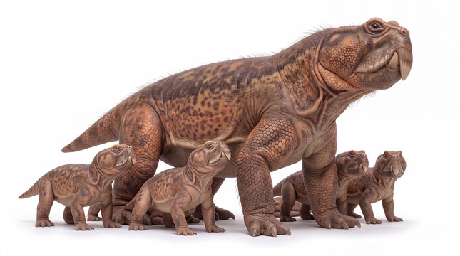 Photorealistic Teyumbaita sulcognathus adult with hatchlings, isolated on white background, showing parental behavior and scientifically accurate paleontological reconstruction.