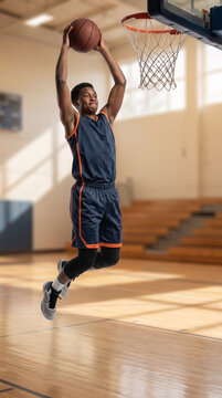 Basketball player dunking on court