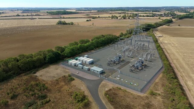 Ryhall 400kV Substation ECML Traction Power Transformers Aerial Drone View UK