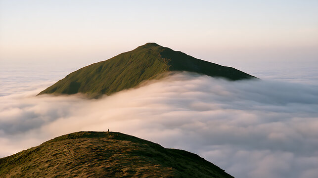 A solitary human figure stands on a grassy ridge above a sea of thick morning clouds with a majestic green mountain peak rising in background