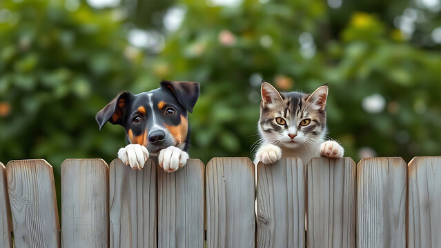 Dog and cat heads above wooden fence, pet togetherness concept