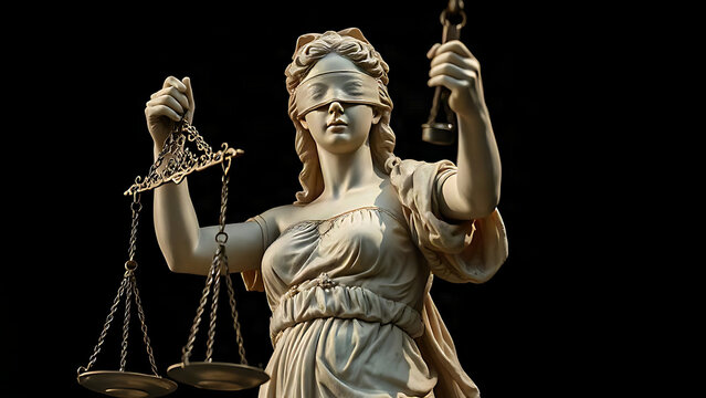 Classical statue of Lady Justice with scales on dark background.