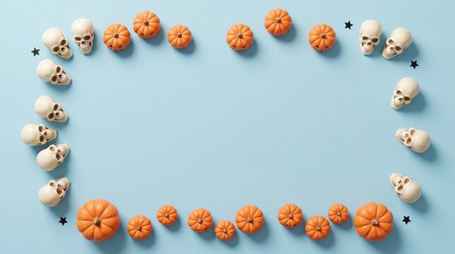 Halloween frame made of small skulls and orange pumpkins on a light blue background with copy space