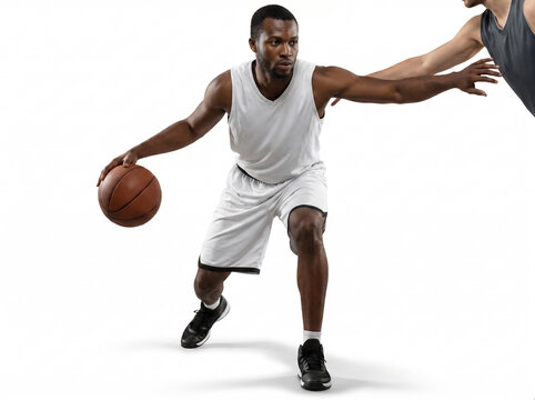Two athletes practicing basketball defense in studio