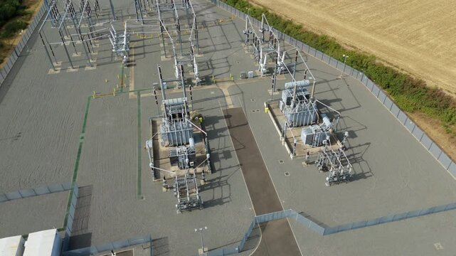 Aerial view of 400kV electrical substation and battery energy storage system in Rutland UK