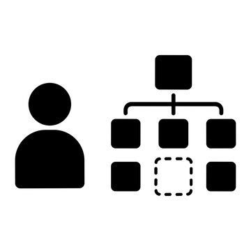 Silhouette user icon next to an organizational chart with connected nodes and a dashed empty placeholder square indicating a vacant position, role assignment, or team placement