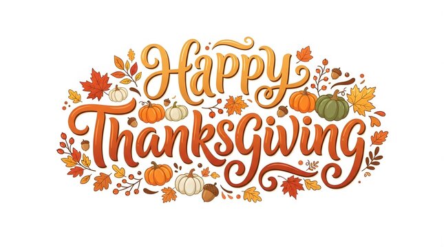 Happy thanksgiving watercolor lettering with autumn leaves and pumpkin illustrations
