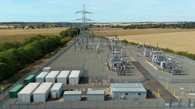 Ryhall 400kV Substation ECML Traction Power Transformers Aerial Drone View UK