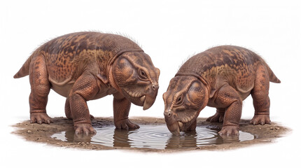 Fototapeta premium Photorealistic pair of Teyumbaita sulcognathus drinking water, isolated on white background, showing natural hydration behavior and scientifically accurate reconstruction.