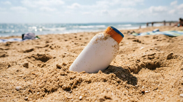 Sunscreen bottle buried in sand on a sunny beach with ocean in background