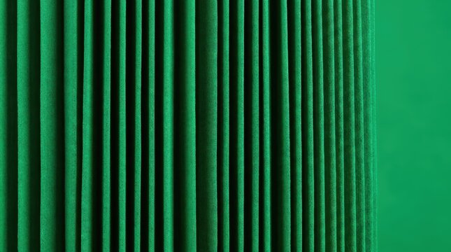 Emerald green pleated fabric with vertical accordion folds creates a rhythmic textured pattern and elegant interior backdrop