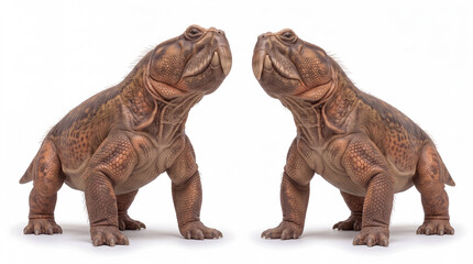Fototapeta premium Photorealistic pair of Teyumbaita sulcognathus interacting, isolated on white background, showing social behavior and scientifically accurate paleontological reconstruction.