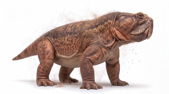 Photorealistic Teyumbaita sulcognathus shaking off dust, isolated on white background, showing dynamic movement and scientifically accurate paleontological reconstruction.