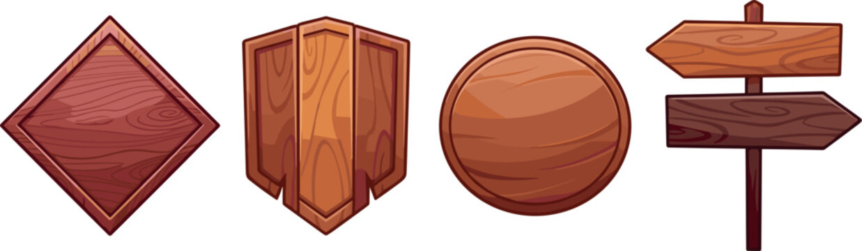 Wooden signs and ui boards vector set with shield banner circle plate and directional arrows for game asset interface